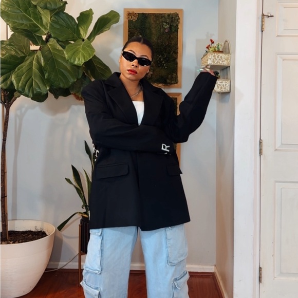 LONDON ROCK HAND PRESSED RHINESTONE OVERSIZED BOYFRIEND BLAZER SZ S/4 - Picture 5 of 11